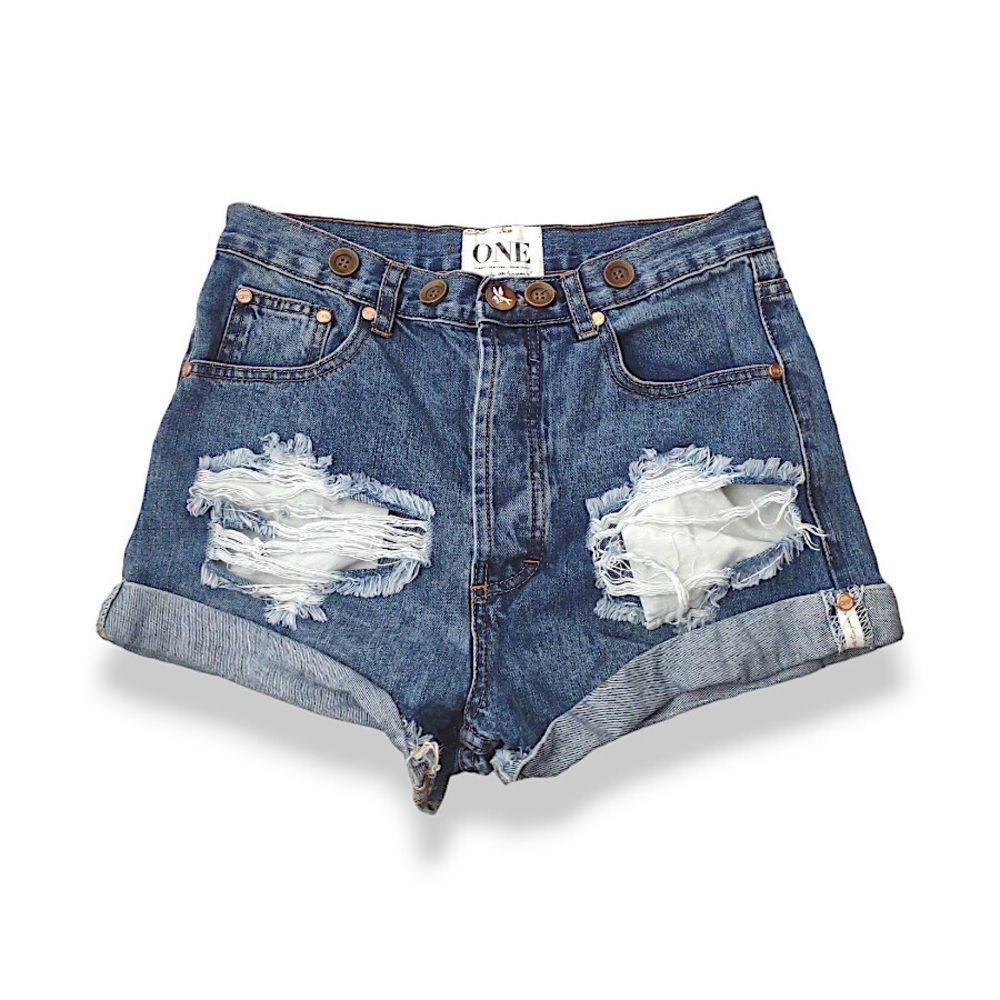 One Teaspoon Blue Distressed Rolled Cuff Denim Shorts